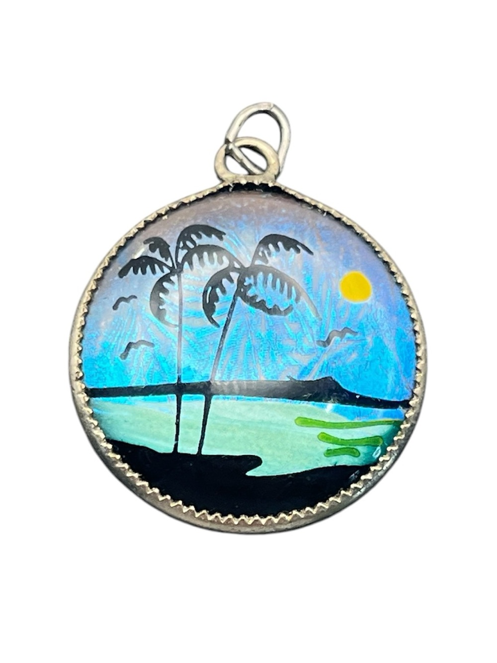 Silver tone morpho butterfly wing round cabochon pendant for necklace tropical
